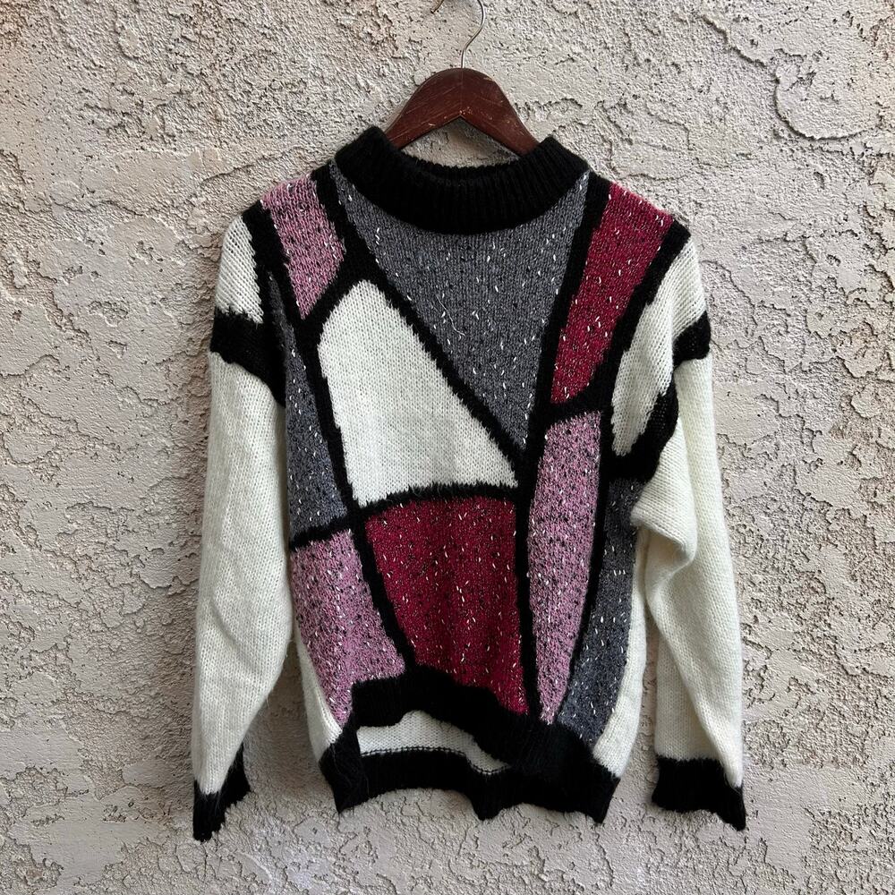 Vintage Abstract Geometric Fuzzy Knit Shoulder Pad Sweater Size L